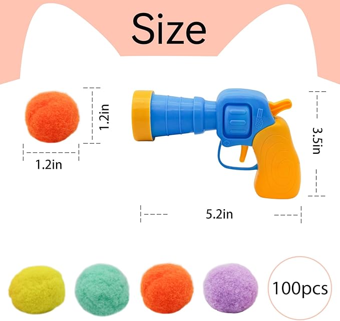 Andiker Cat Toy Balls Set, 30pcs Plush Cat Pom Pom Balls&a Plastic Launcher Set for Cat Catch&Fetch Interactive Cat Toy with Colorful&Soft Cat Balls for Indoor Cats to Keep Fit (Blue 100balls) - PAWPICO