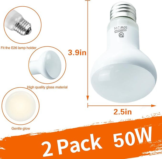 Reptile Heat Lamp Bulbs, Simulate Natural Sunlight Heat Light Bulb, 2 Pack 50W Amphibian Terrarium Basking Spot Lamp for Reptile, Bearded Dragon, Lizard, Turtle, Snake REPTIHOME