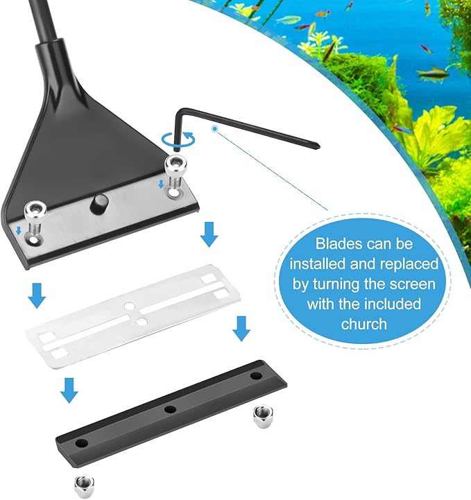 Algae Scraper for Glass Aquarium, Long Handle Fish Tank Algae Scraper with 10 Blades, Essential Aquarium Cleaning Tool. PAWPICO