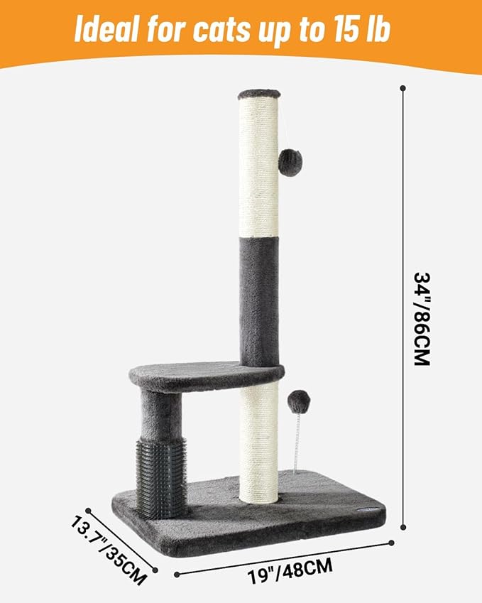 Happi N Pets 34“ Tall Cat Scratching Post for Big Cats, Natural Sisal Cat Scratchers for Indoor Cats, Heavy Duty Cat Stands Featuring with Cat Self Groomer and Hanging Toys, Free Catnip-Gray - PAWPICO