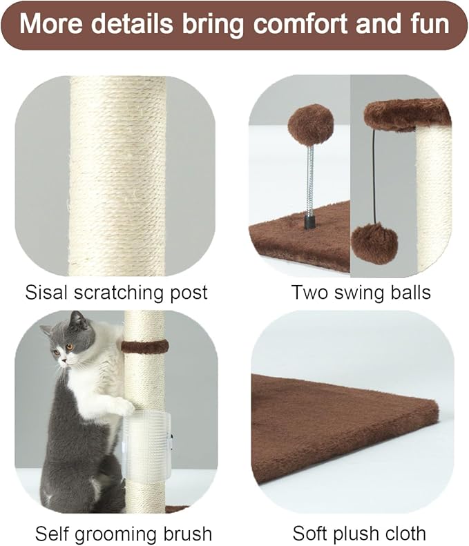 PEEKAB 32" Tall Cat Scratching Post Sisal Rope Scratch Posts with Hanging Ball and Self-Massage Brush Vertical Scratcher for Indoor Cats and Kittens(Brown 32inches) - PAWPICO
