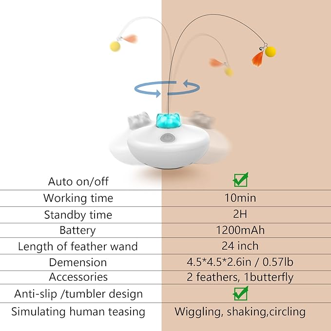 Interactive Cat Toys Cat Exercise Tumbler, Rechargeable Cat Toys for Indoor Cats Spin Butterfly Game Teasing Kitty, Extra Long Feather Wand (P33 cat Toys) - PAWPICO