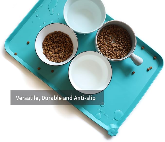 Hoki Found L Silicone Pet Food Mats Tray - Non Slip Pet Dog Cat Bowl Mats Placemat - Dog Pet Cat Feeding Mat - Waterproof Dog Cat Food Mats -Pet Water Mats for Floors -Teal - PAWPICO