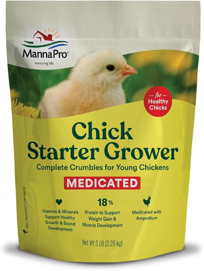 Manna Pro Chick Starter Grower - Medicated Chick Feed Crumble for Young Chickens - Formulated with Amprolium - 5 lbs MannaPro