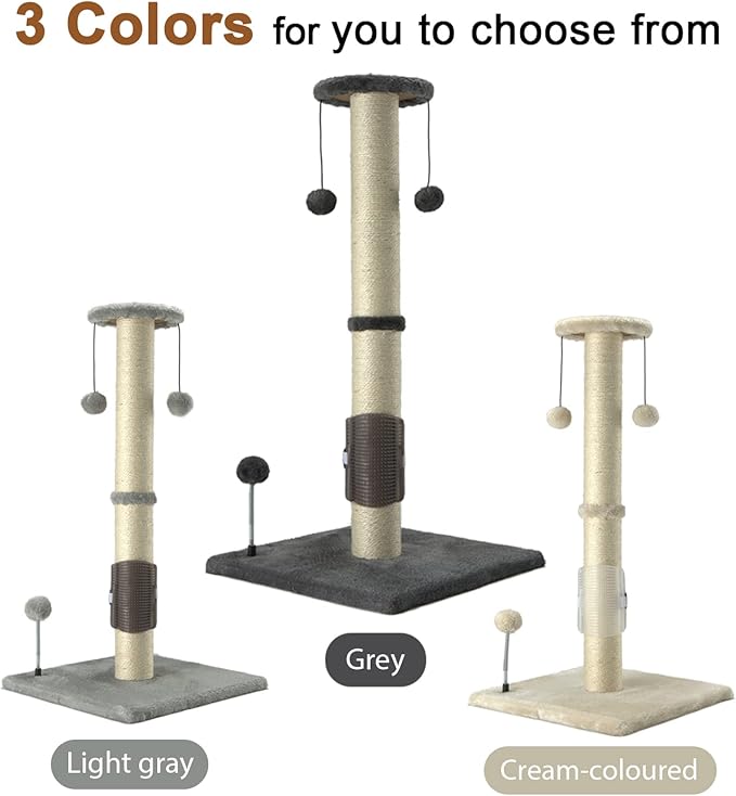 PEEKAB 32" Tall Cat Scratching Post Sisal Scratch Posts with Hanging Ball and Self-Massage Brush Vertical Scratcher for Indoor Cats and Kittens(Gray 32inches) - PAWPICO