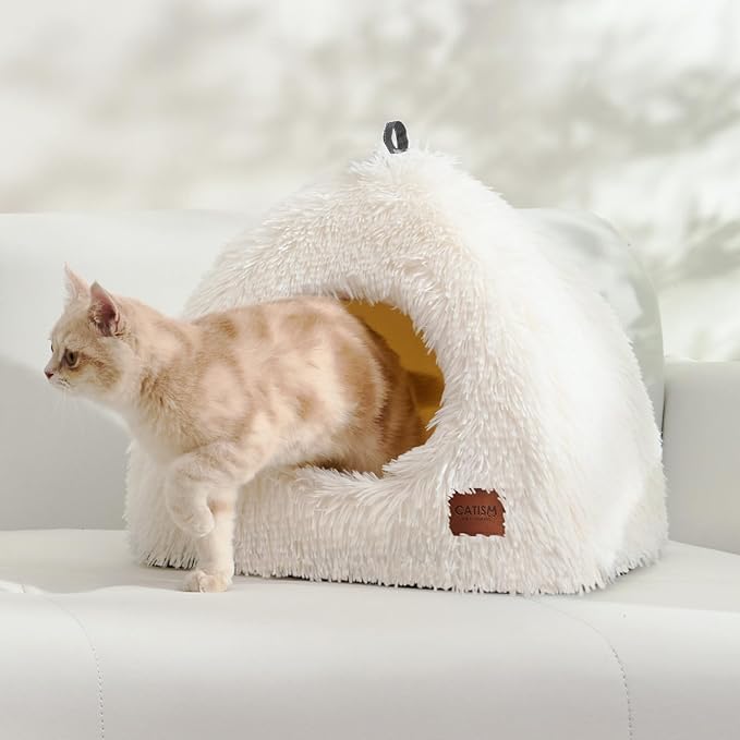 CATISM Cat Bed, Cat Cave for Indoor Cats, Soft Cat Dome, Self-Warming 2 in 1 Foldable Pet Cat House with Washable Cushioned Pillow Calming Fluffy Dog Beds for Small Dogs with Anti-Slip Bottom White - PAWPICO