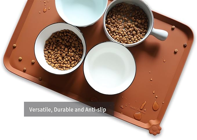 Hoki Found L Silicone Pet Food Mats Tray - Non Slip Pet Dog Cat Bowl Mats Placemat - Dog Pet Cat Feeding Mat - Waterproof Dog Cat Food Mats -Pet Water Mats for Carpet -Caramel - PAWPICO