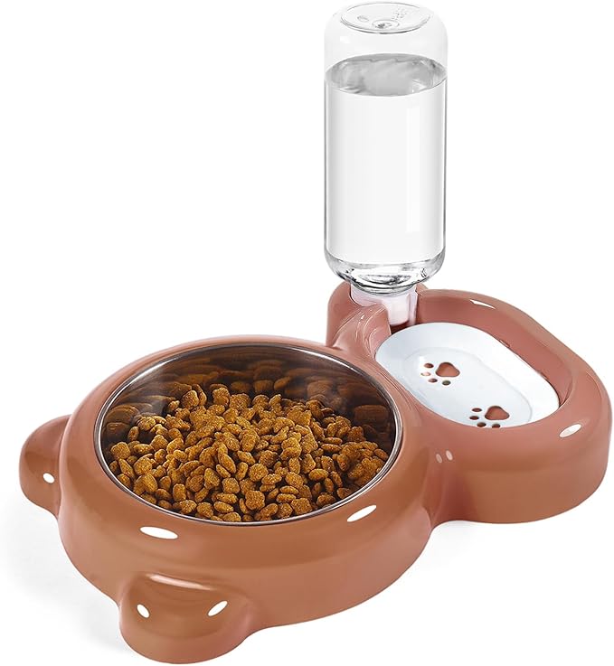 Dog Bowls, Cat Food and Water Bowl Set with Water Dispenser and Stainless Steel Bowl for Cats and Small Dogs - Brown - PAWPICO