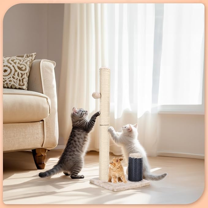 Nobleza 32” Tall Cat Scratch Post with Self Massage Brush, Natural Sisal Rope Cat Scratching Post for Indoor Cats, Stable Cat Scratcher Posts for Kittens Large Cats with Dangling Ball, Light Brown - PAWPICO