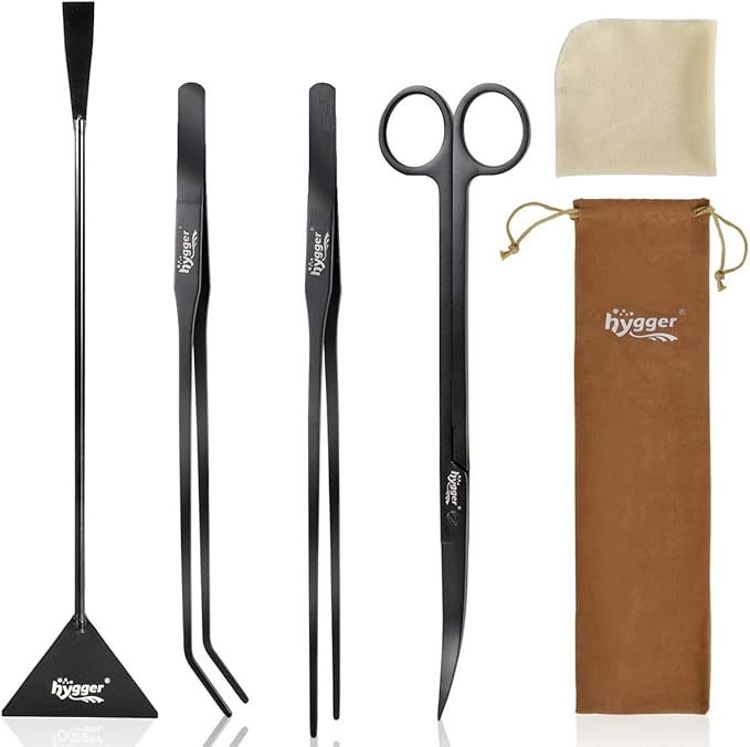 hygger Long Stainless Steel Premium Aquarium Tools, 4 PCS Aquatic Plant Tweezers Scissors Spatula Kits Comes with 1 Cleaning Cloth, for Fish Tank Starters hygger