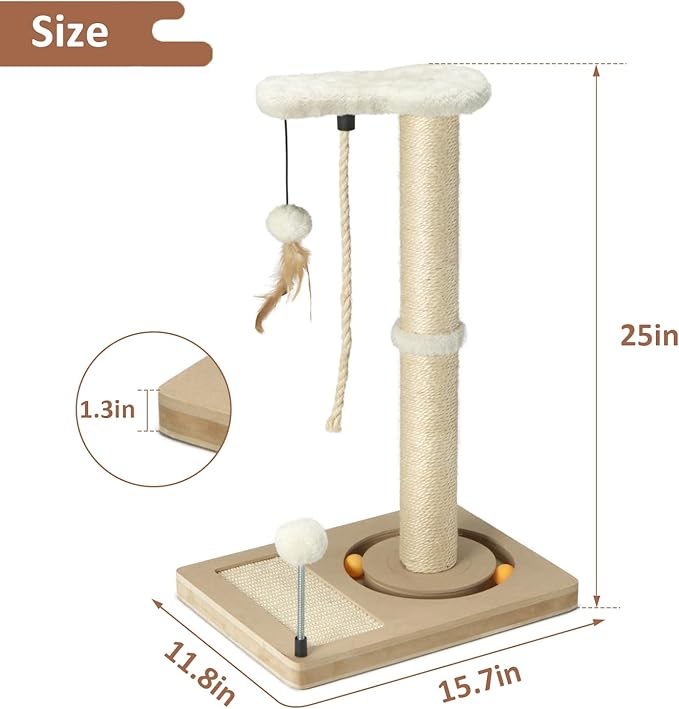 PAWSFANS Cat Scratching Post,Sisal Scratch Posts with Track Ball Feather Toy for Indoor Cats and Kittens,25" Tall Beige - PAWPICO