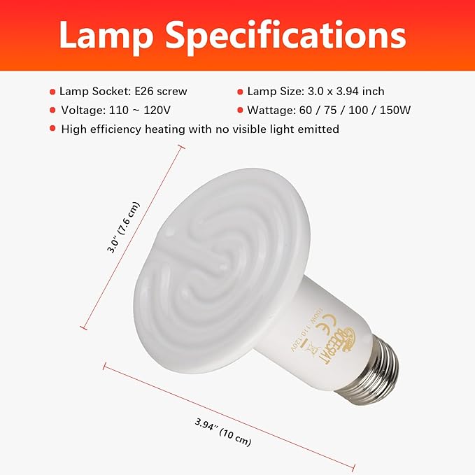 Energy Efficient 150W Heat Lamp Bulbs, Pack of 2 Ceramic Heat Emitters for Reptiles Geckos, Lizard, Bearded Dragon, Tortoise & Small Pets Basking (White, 150 Watts) BOEESPATDirect