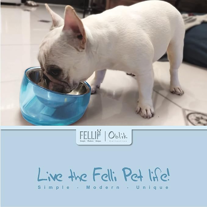 Felli Pet Oblik Slanted Dog Food Water Bowl Elevated Stainless Steel Oval Dish Ergonomic Angled Metal Feeder Spill Proof Non Slip, Raised Acrylic Cone for Bulldog Pug Small Medium (1.5Cup Sapphire) - PAWPICO