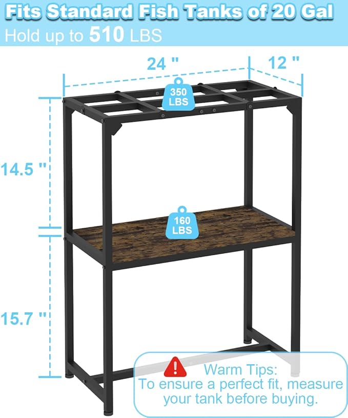 20 Gallon Fish Tank Stand, Upgraded Height Aquarium Stand Table with 2 Tiers Storage Shelf, Metal Reptile Breeder Turtle Terrarium Stand Rack for Home Office, 24" L x 12" W x 32.2" H, Black Mondazie