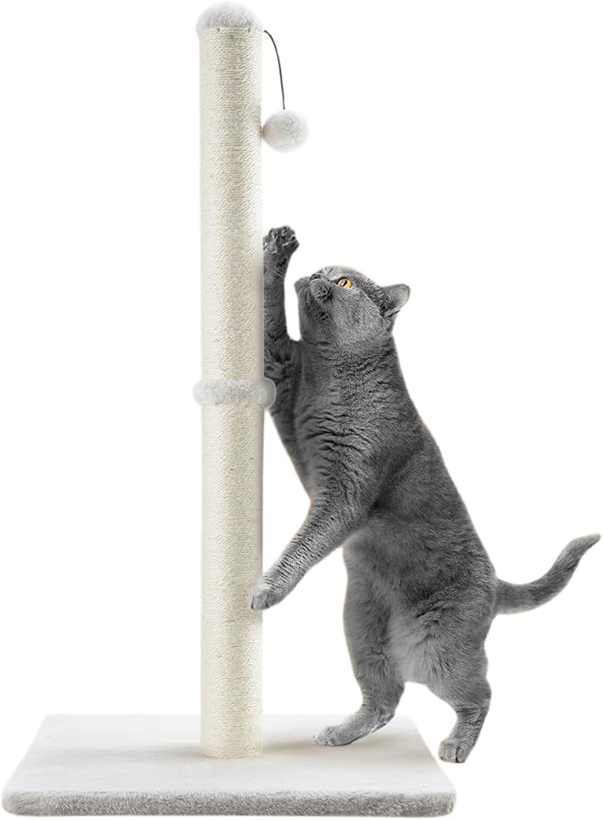 Dimaka 34" Tall Cat Scratching Post for Large Cats and Kittens, High Vertical Scratcher with Premium Natural Sisal Rope and Interactive Hanging Ball for Indoor Cats(Beige, 34 inches) - PAWPICO