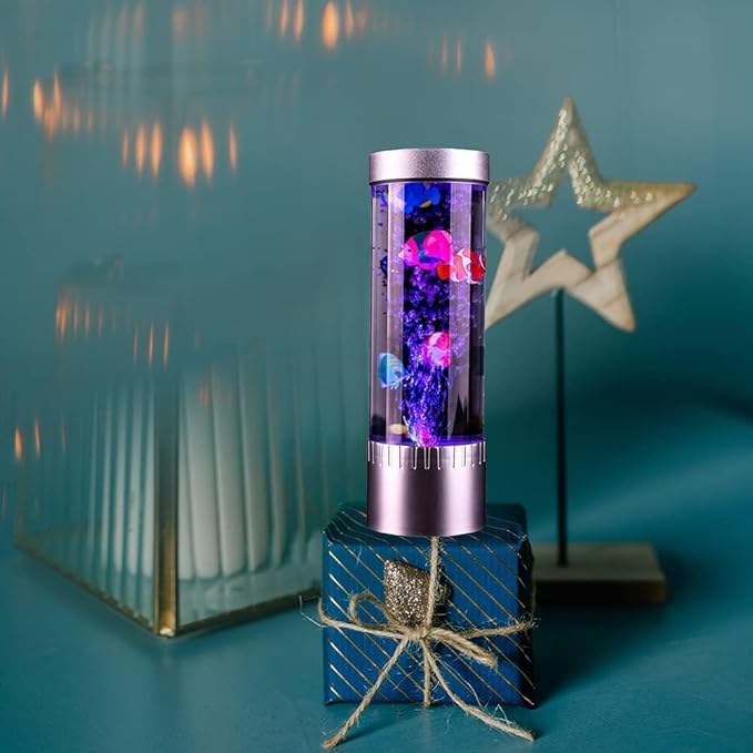 Bubble Fish Lamp with 6 Floating Fake Fish – LED Aquarium Night Light with Moving Fish and Bubbles – Cylindrical Transparent Tank, Perfect for Kids’ Rooms, Offices, and Living Spaces Handsbrain