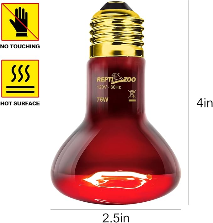 REPTIZOO 75W Reptile Heat Lamp Bulb 2PCS Infrared Heat Emitter Red Heat Lamp for Reptile Amphibian, Infrared Basking Spot Light Bulb REPTIZOO