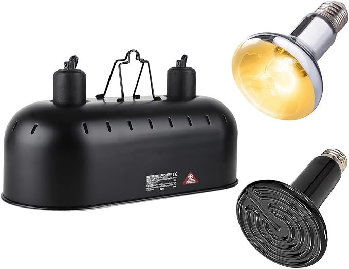15inch Dual Reptile Light Fixture, Max 150W Dual Reptile Heat Lamp Fixture with 100W UVA UVB Sun Lamp&Ceramic Heat Emitter,Double Dome Lamp Fixture for Reptile Terrarium and Tortoise Habitat DXOPHIEX