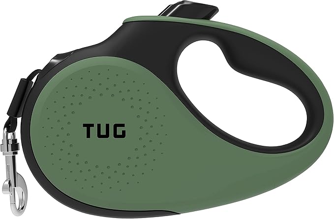 TUG Tiny 360° Tangle-Free Retractable Dog Leash with Anti-Slip Handle | 10 ft Nylon Tape | One-Handed Brake, Pause, Lock (Green) TUG