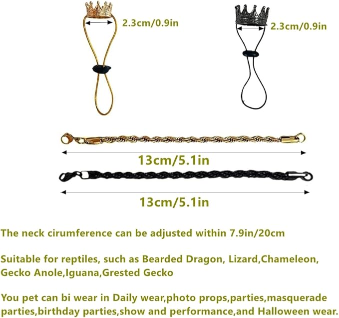 2Pcs Lizard Crown Necklace Set Metal Lizard Outfit Reptile Clothes Accessories Lizard Photo Props for Bearded Dragons Iguana Amphibians and Other Small Animals (Gold) KUNBIUH