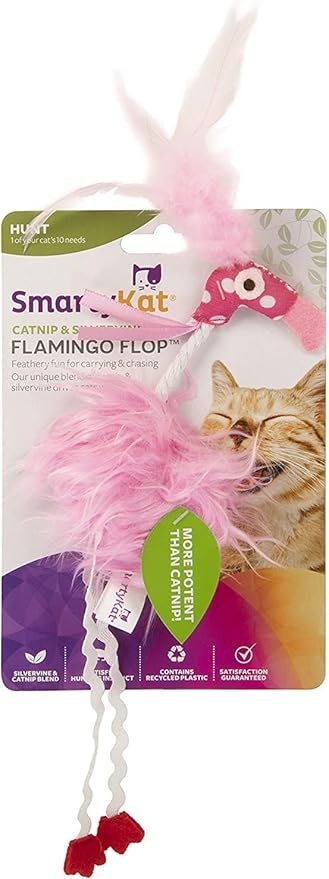 SmartyKat Flamingo Flip Feather Cat Toy, Contains Silvervine & Catnip - Pink, Small - PAWPICO