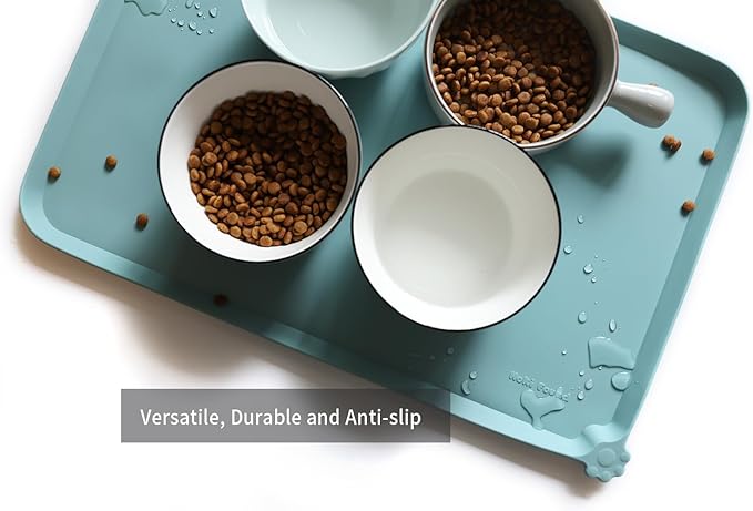 Hoki Found L Silicone Pet Food Mats Tray - Non Slip Pet Dog Cat Bowl Mats Placemat - Dog Pet Cat Feeding Mat - Waterproof Dog Cat Food Mats -Pet Water Mats for Carpet -Light Turquoise - PAWPICO
