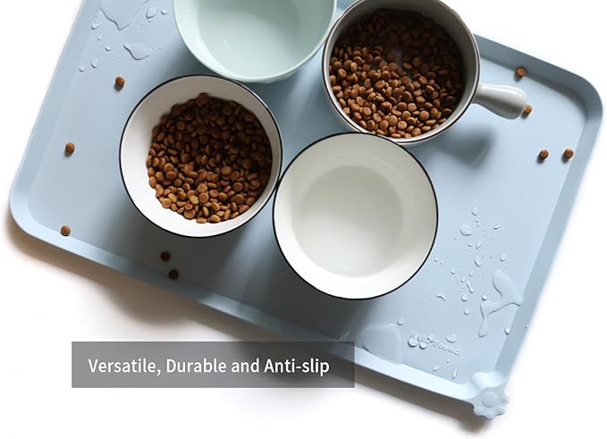 Hoki Found L Silicone Pet Food Mats Tray - Non Slip Pet Dog Cat Bowl Mats Placemat - Dog Pet Cat Feeding Mat - Waterproof Dog Cat Food Mats -Pet Water Mats for Carpet -Frost - PAWPICO