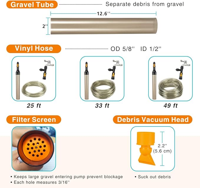 hygger Bucket-Free Aquarium Water Change Kit Fish Tank Auto Siphon Pump Gravel Cleaner Vacuum Tube with Long Hose Water Changer Maintenance Tool 49-FEET Plastic Fitting hygger