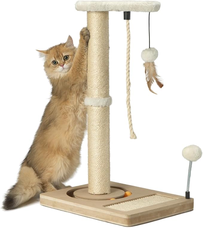 PAWSFANS Cat Scratching Post,Sisal Scratch Posts with Track Ball Feather Toy for Indoor Cats and Kittens,25" Tall Beige - PAWPICO