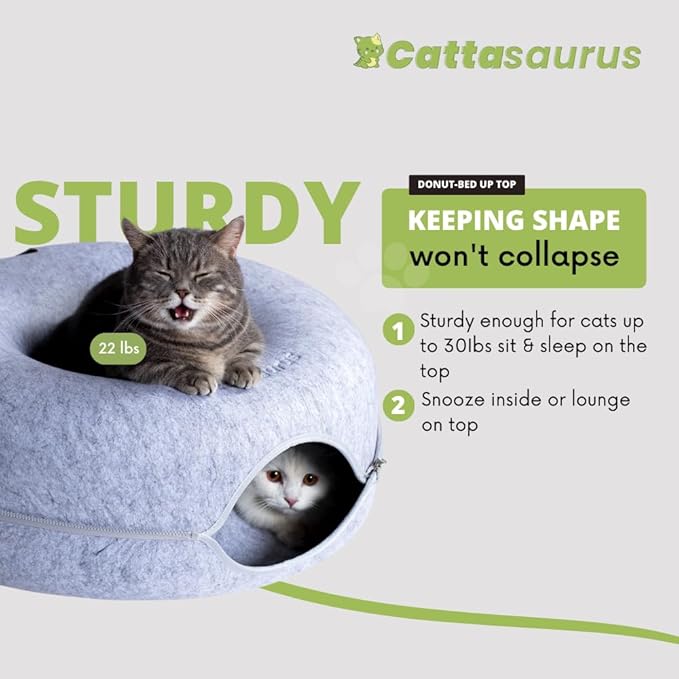 CATTASAURUS Peekaboo Cat Cave for Multiple & Large Cats Up to 30-45 Lbs, Scratch Detachable & Washable Tunnel Bed, Comfy Donut Cat Cave (Ligt Gray + Light Gray, Large (Bundle)) - PAWPICO