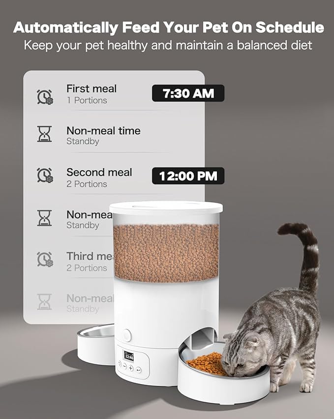 SURDY Automatic Cat Feeder for 2 Cats, 3L Cat Food Dispenser Auto Cat Feeder with 2 Stainless Bowls, 10s Meal Call Dual Power Supply and Timer Setting 12 Portions 6 Meals Per Day for Cats (White, 3L) - PAWPICO