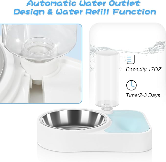 JUST RUN Double Dog Cat Bowls, Dog Cat Food and Water Bowl Set with Automatic Water Dispenser Bottle, Super Big Detachable Stainless Steel Food Bowl for Small Dogs Puppy and Cats Kitten Rabbit(Blue) - PAWPICO