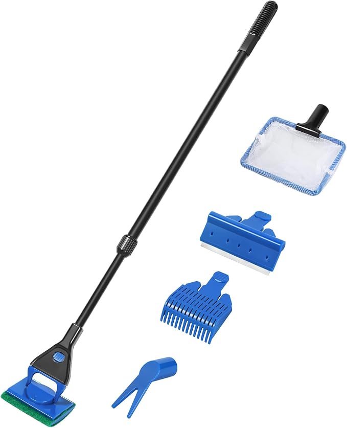 AQUANEAT Aquarium Cleaning Tools, Fish Tank Cleaning Kit with Adjustable Long Handle, 5 in 1 Tools Including Fish Net, Algae Scraper (Adjustable) Aquaneat