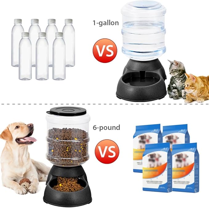 2 Pack Automatic Cat Feeder and Water Dispenser in Set Pet Food Bowl for Small Medium Dog Pets Puppy Kitten Big Capacity 1 Gallon x 2 (Dark Black) - PAWPICO