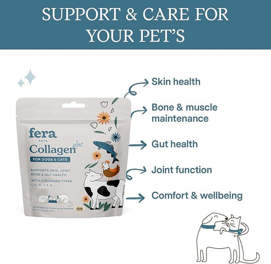 Fera Pet Organics Collagen Plus Cat & Dog Food Topper – Vet Created Support for Pet Joints, Skin, Bone & Immune System with Collagen + Vitamin C – Powder Supplement - 4.23oz FeraPets
