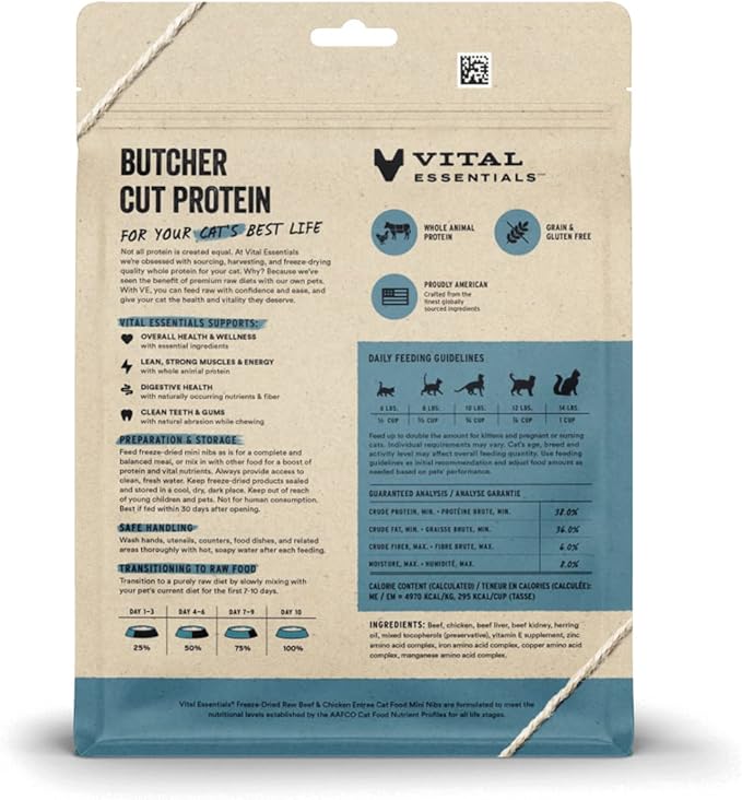 Vital Essentials Freeze Dried Raw Cat Food, Beef & Chicken Mini Nibs Entree, 8 oz VitalEssentials