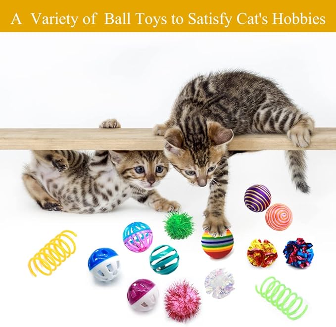 LASOCUHOO Cat Toys, Kitten Cat Ball Toys Assortments, Including Rainbow Ball, Crinkle Ball, Sparkle Ball, Bell Balls, Sisal Ball for All Cats 30 Packs - PAWPICO