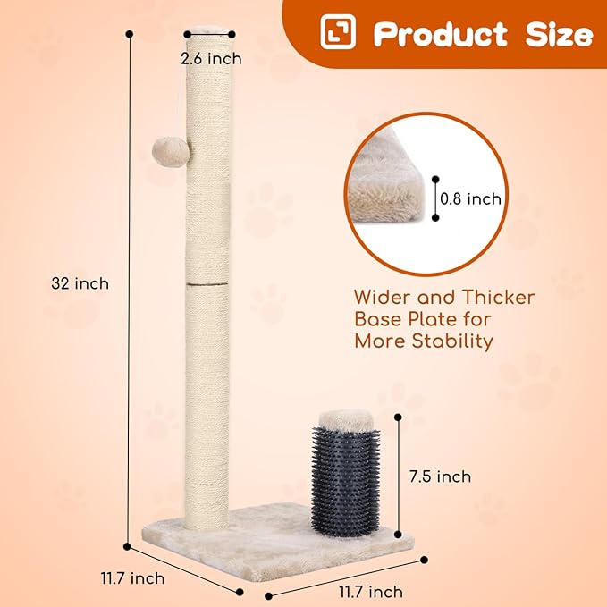 Nobleza 32” Tall Cat Scratch Post with Self Massage Brush, Natural Sisal Rope Cat Scratching Post for Indoor Cats, Stable Cat Scratcher Posts for Kittens Large Cats with Dangling Ball, Light Brown - PAWPICO