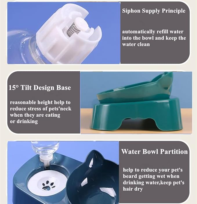Pet Food Bowl and Water Bottle Set, Double Cat Dog Food Bowl with Automatic Gravity Water Dispenser Bottle, Detachable Tilted Raised Food Bowl for Small Medium Size Puppy Pet Dogs Cats (Blue) - PAWPICO