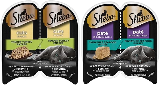 LarasBundle Sheba Cat Food Wet Variety Pack | Includes Sheba Pate Cat Food and Sheba Cuts in Gravy Wet Cat Food | 24 Servings - 12 Packs of Sheba Perfect Portions Bundled Booklet and Toys - PAWPICO