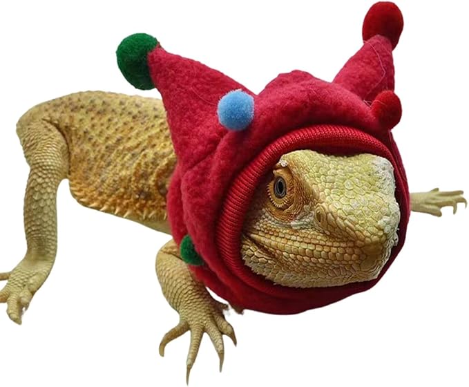 Bearded Dragon Hat - Winter Warm Lizard Cap with Horns & Pom Pom Ball Fun Halloween Outfit Bull Costume Elastic Headwear Accessories Anxiety Relief Ear Muffs for Reptile Fancy Rat Ferret (Red) SEZDEKI
