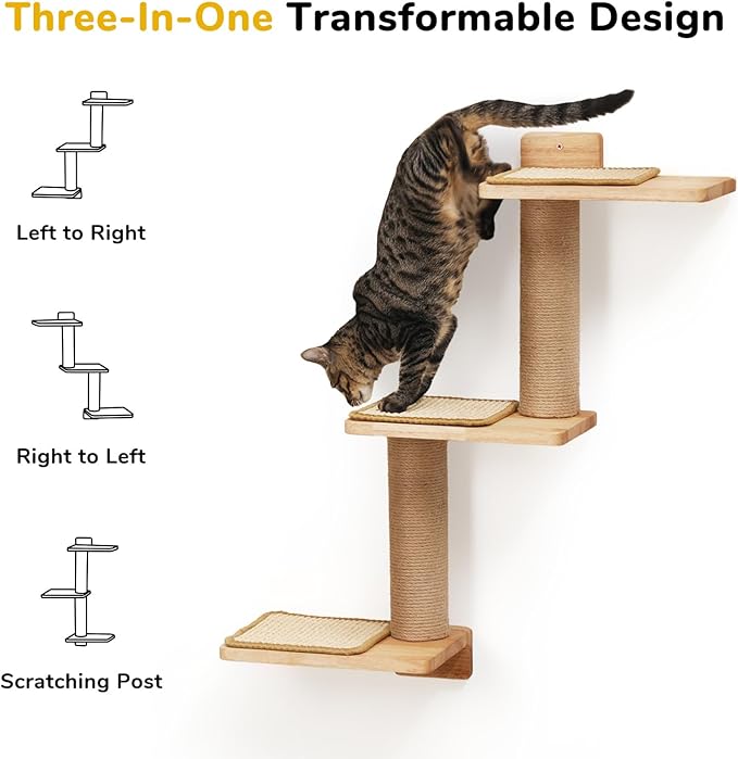 FUKUMARU Cat Wall Shelves, 3 in 1 Transformable Cat Scratching Post Wall Mounted, DIY Cat Wall Jungle and Cats Perch Platform Supplies, Suit for Cats Climb, Play, Nap, Scratch - PAWPICO