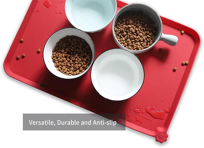 Hoki Found L Silicone Pet Food Mats Tray - Non Slip Pet Dog Cat Bowl Mats Placemat - Dog Pet Cat Feeding Mat - Waterproof Dog Cat Food Mats -Pet Water Mats for Carpet - Classic red - PAWPICO