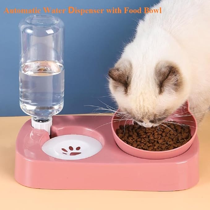 Pet Food Bowl and Water Bottle Set, Double Cat Dog Food Bowl with Automatic Gravity Water Dispenser Bottle, Detachable Tilted Raised Food Bowl for Small Medium Size Puppy Pet Dogs Cats (Pink) - PAWPICO