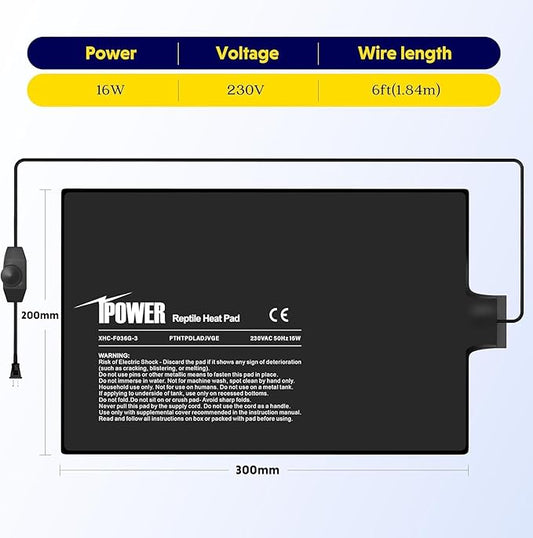 iPower 8 by 12-Inch 16 Watts Reptile Heating Mat with Temperature Controller Under Tank Warmer Terrarium Heat Pad for Reptiles and Amphibians, Black iPower