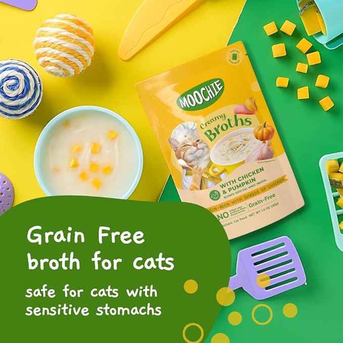 MOOCHIE Grain Free Creamy Broth for Cats - Made with Real Chicken & Pumpkin - No Artificial Flavors or Preservatives - 16 x 1.4 oz Pouch - PAWPICO