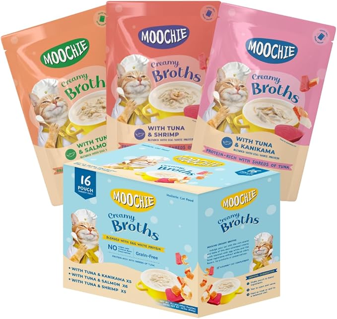 MOOCHIE Grain Free Creamy Seafood Multipack Cat Broth - Real Salmon, Shrimp, Kanikama - No Artificial Flavors or Preservatives - 16 x 1.4 oz Pouch - PAWPICO