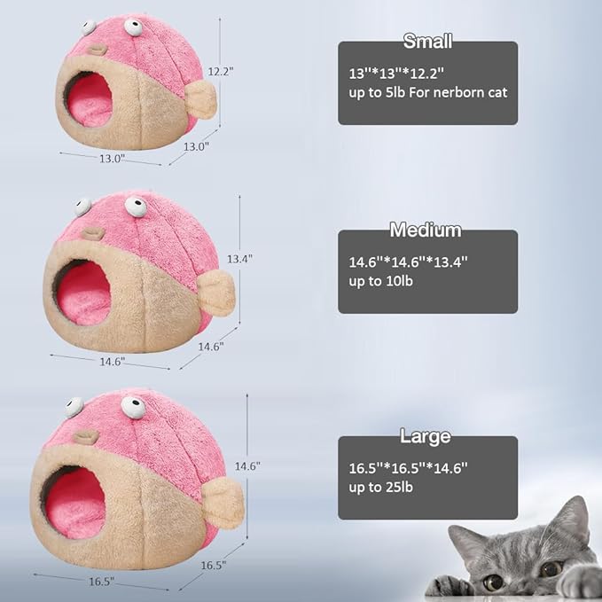 Cat Beds for Indoor Cats - Cat Bed Cave with Removable Washable Cushioned Pillow, Soft Plush Premium Cotton No Deformation Pet Bed, Lively Pufferfish Cat House Design, Pink, Multiple Sizes(M) - PAWPICO