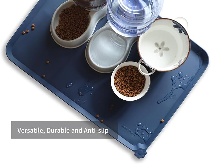 Hoki Found X-Large Silicone Pet Food Mats Tray - Non Slip Pet Dog Cat Bowl Mats Placemat - Dog Pet Cat Feeding Mat - Waterproof Dog Cat Food Mats -Pet Water Mats for Carpet -Indigo Ink - PAWPICO