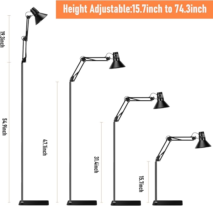 Reptile Heat lamp Reptile Light Fixture, Tall Heat Lamp Stand Reptile Lamp Stand with Lampshade Height Range from 15.7inch to 74.3inch with 360°Adjustable Swing Arm DXOVEEN